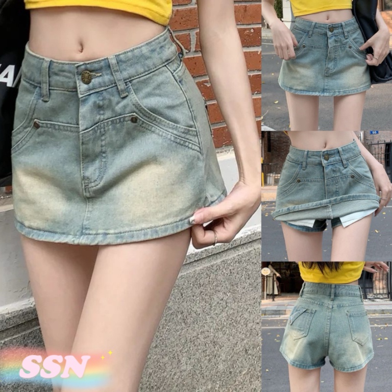 ShineSatin กระโปรงยีนส์อเมริกันเรโทร ผู้หญิงฤดูร้อนเอวสูงครอบคลุมสะโพกกระโปรงสั้นเซ็กซี่ 024