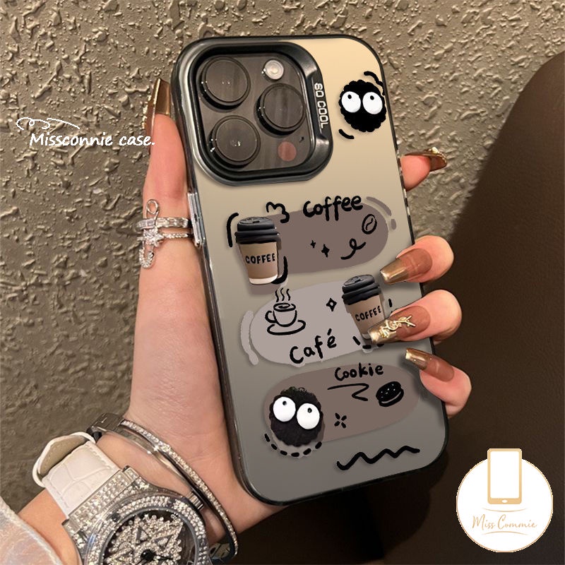 น่ารักการ์ตูนลูกถ่านหินน้อยกาแฟคุกกี้เคสโทรศัพท์เข้ากันได้สําหรับiphone 16 15 11 13 12 14 Pro Max 7 8 Plus X XR 7Plus XS Max SEหรูหราสร้างสรรค์ชุบโลหะเลนส์ปกอ่อน