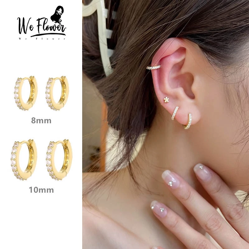 We Flower ต่างหูห่วง ทรงกลม ประดับพลอยเทียม สีทอง 14K เครื่องประดับ สําหรับผู้หญิง งานหมั้น ปาร์ตี้