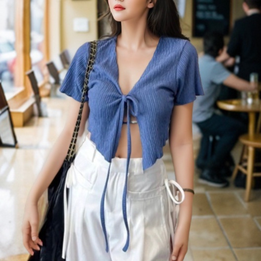 ccute พร้อมส่ง เสื้อคลุม ครอป แขนสั้น เอวลอย ผูกโบว์ แหวกหน้า ผ้าร่อง แฟชั่น ผู้หญิง