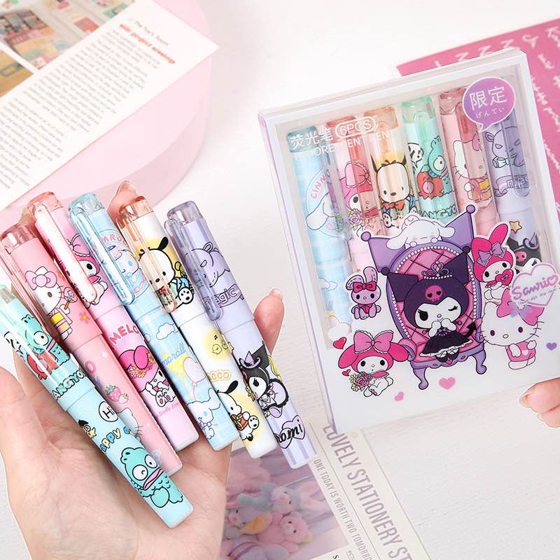 เครื่องเขียนเพื่อการเรียนรู้สำหรับเด็ก ปากกาไฮไลท์ Sanrio Kuromi น่ารัก 6 สี อเนกประสงค์