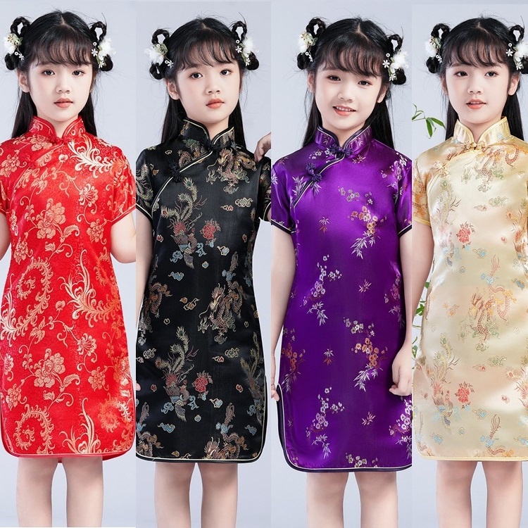 【Uhome】(พร้อมส่ง) ชุดเดรสกี่เพ้า สีแดง สไตล์จีน สําหรับเด็กผู้หญิง [อายุ 1-11 ปี]