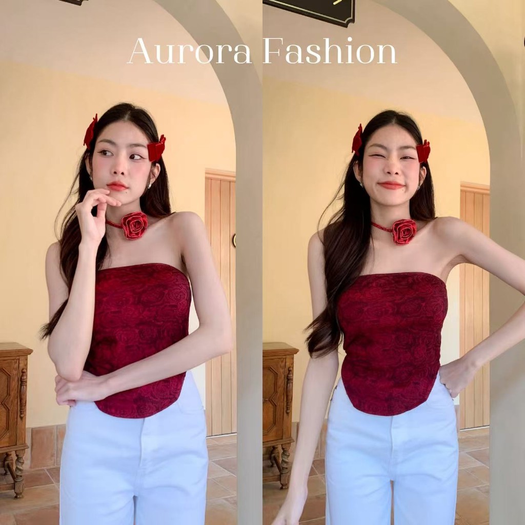 Aurora พร้อมส่ง (รูปถ่ายจากงานจริง) เกาะอกลายมัดย้อมดำแดง ไม่มีฟองน้ำ ทรงรัดตัว