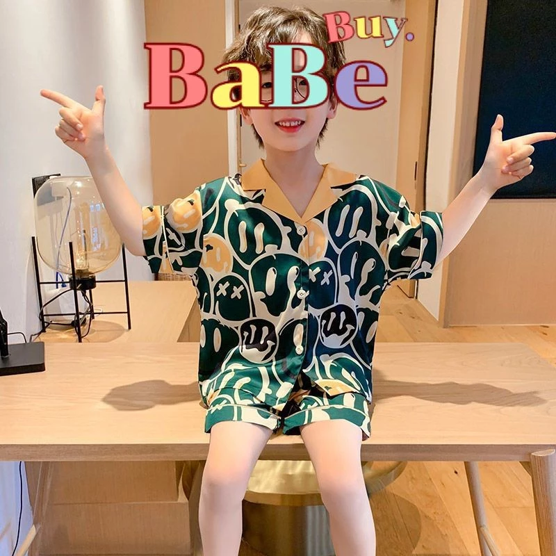 Babe Buy ชุดนอนเด็กผ้าซาติน คอตตอน ชุดนอนคอปกขาสั้นแขนสั้น กระดุมหน้า ผ้านิ่ม ใส่สบาย ไม่ร้อน ลายน่ารัก สีสันสดใส ไซส์11