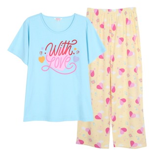 Josilins ชุดนอน ชุดอยู่บ้าน ผู้หญิง เสื้อสกรีนลาย คอกลม แขนส…