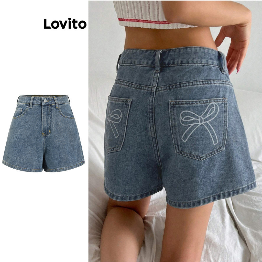 Lovito กางเกงยีนส์ขาสั้นผู้หญิง แต่งโบว์หลัง สีพื้น สไตล์ลำลอง L95ED367