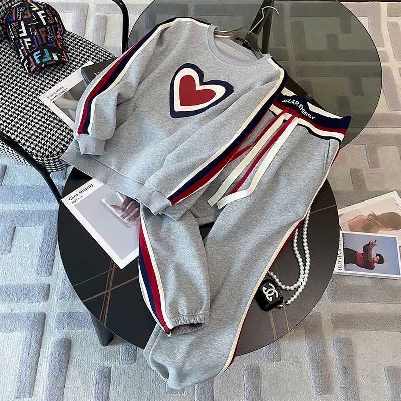 เสื้อกันหนาวแขนยาว คอกลม ทรงหลวม และกางเกงกีฬา แบบบาง สองชิ้น สไตล์เกาหลี สําหรับผู้หญิง