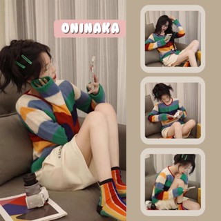 Oninaka เสื้อแขนยาวไหมพรมลายทาง สีสันสดใส  5743#