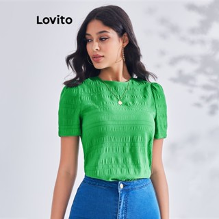 Lovito เสื้อเบลาส์ คอกลม เรียบง่าย สง่างาม สําหรับผู้หญิง LBE03048 (สีเขียว)