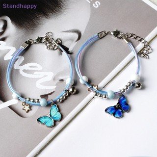 Standhappy สร้อยข้อมือเชือกถัก จี้ผีเสื้อ โลหะผสม หลากสี ปรับได้ เหมาะกับฤดูร้อน สําหรับผู้หญิง เด็กผู้หญิง ของขวัญวันเกิด ปาร์ตี้