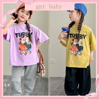 🍓GNR BABY🫐เสื้อยืดแขนสั้นลําลอง ผ้าฝ้าย พิมพ์ลาย สไตล์เกาหลี สําหรับเด็กผู้หญิง อายุ 3-12 ปี