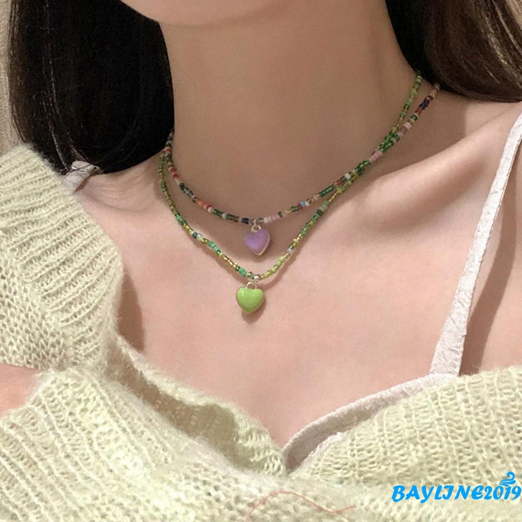 Bay-women สร้อยคอลูกปัด สร้อยคอหัวใจสีสันสดใส เครื่องประดับแฟชั่นสไตล์ Dopamine