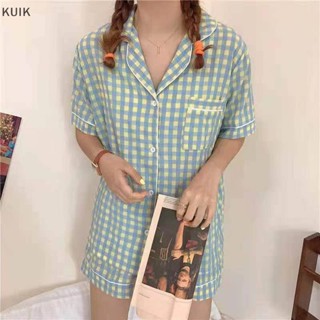 Kuik ชุดนอนเสื้อแขนสั้น กางเกงขาสั้น ทรงหลวม ลายสก๊อต ใส่สบาย สําหรับผู้หญิง