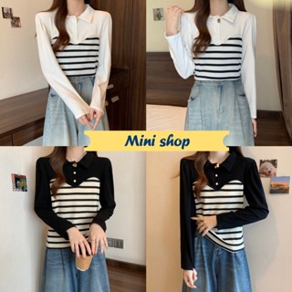 Mini shop🌸พร้อมส่ง🌸 (B267) เสื้อแขนยาวคอปก ครึ่งบนชีฟอง ครึ่งล่างผ้าไหมพรม -C