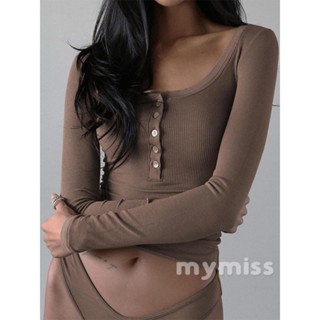 Mymiss1- เสื้อยืดครอปแขนยาวลําลอง ผ้าถัก 1/2 กระดุม สีพื้น สไตล์เรโทร สําหรับผู้หญิง