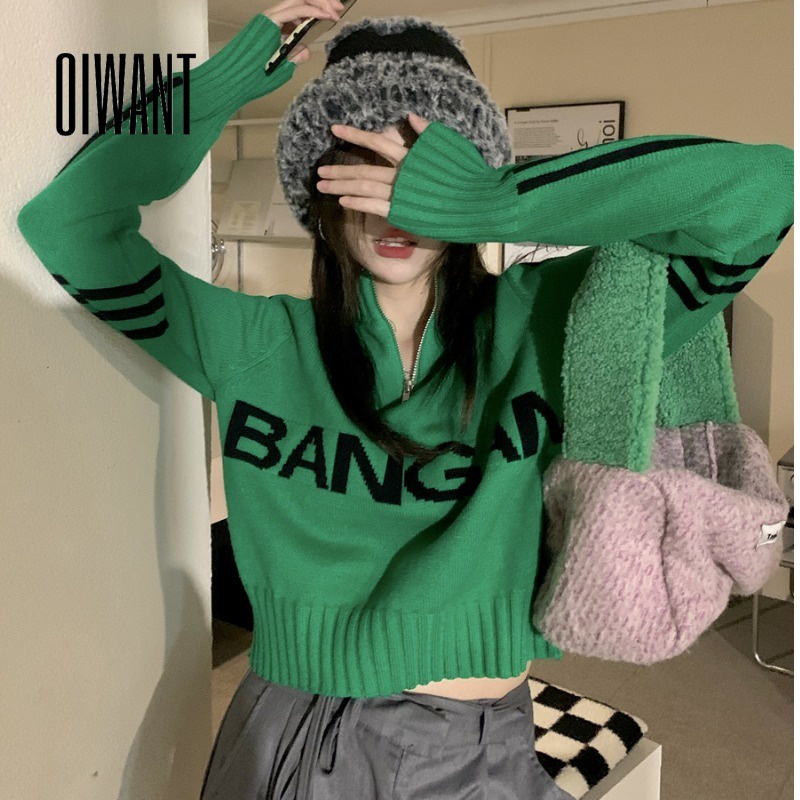 Oiwant เสื้อกันหนาวลําลอง แขนยาว คอกลม มีซิป พิมพ์ลาย สีพื้น สําหรับผู้หญิง 2023