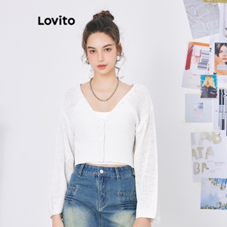 Lovito เสื้อคาร์ดิแกน มีกระดุม สีพื้น สไตล์ลำลอง สำหรับผู้หญิง L59ED006 (สีออฟไวท์)