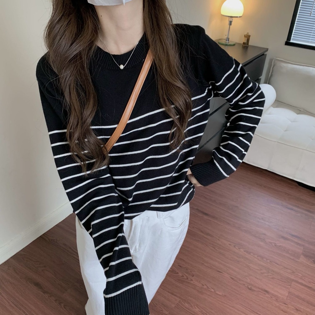 Bh เสื้อกันหนาวแขนยาว ผ้าถัก ลายทาง ทรงหลวม แฟชั่นฤดูใบไม้ร่วง ฤดูหนาว สําหรับผู้หญิง