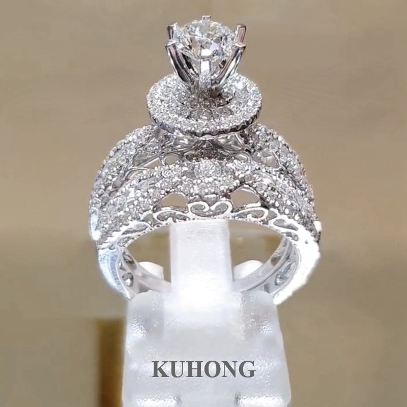 Kuhong ชุดแหวนแต่งงาน ประดับคริสตัล เพทาย ขนาดใหญ่ หรูหรา แฟชั่นสําหรับผู้หญิง เจ้าสาว 2 ชิ้น ต่อชุด