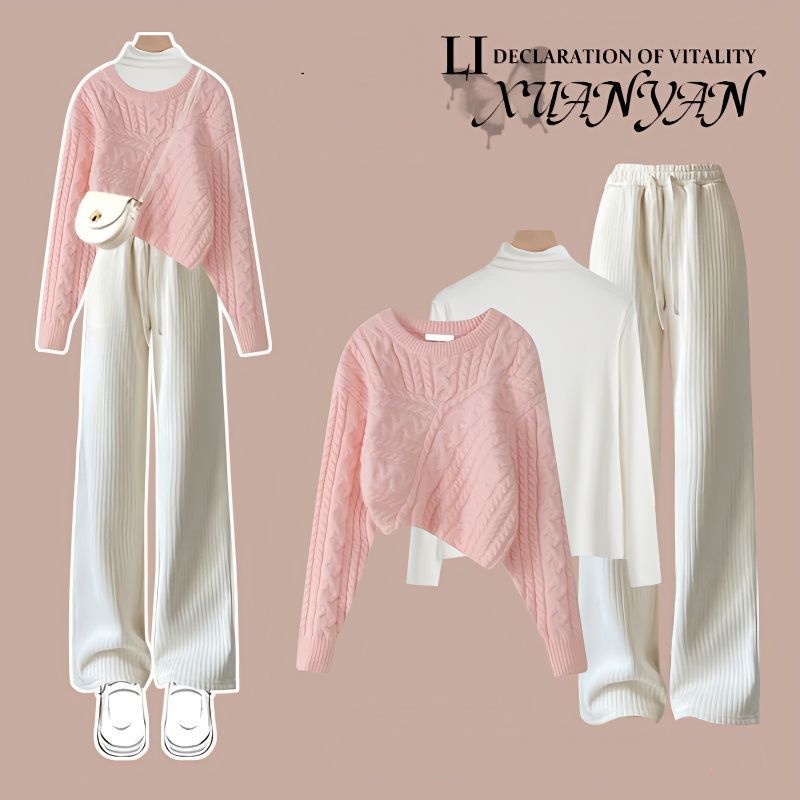 New ชุดเซท3ชิ้น เสื้อกันหนาว+เสื้อคอเต่าแขนยาว+กางเกงทรงตรง สีหวาน น่ารักมากก แฟชั่นสไตล์เกาหลี