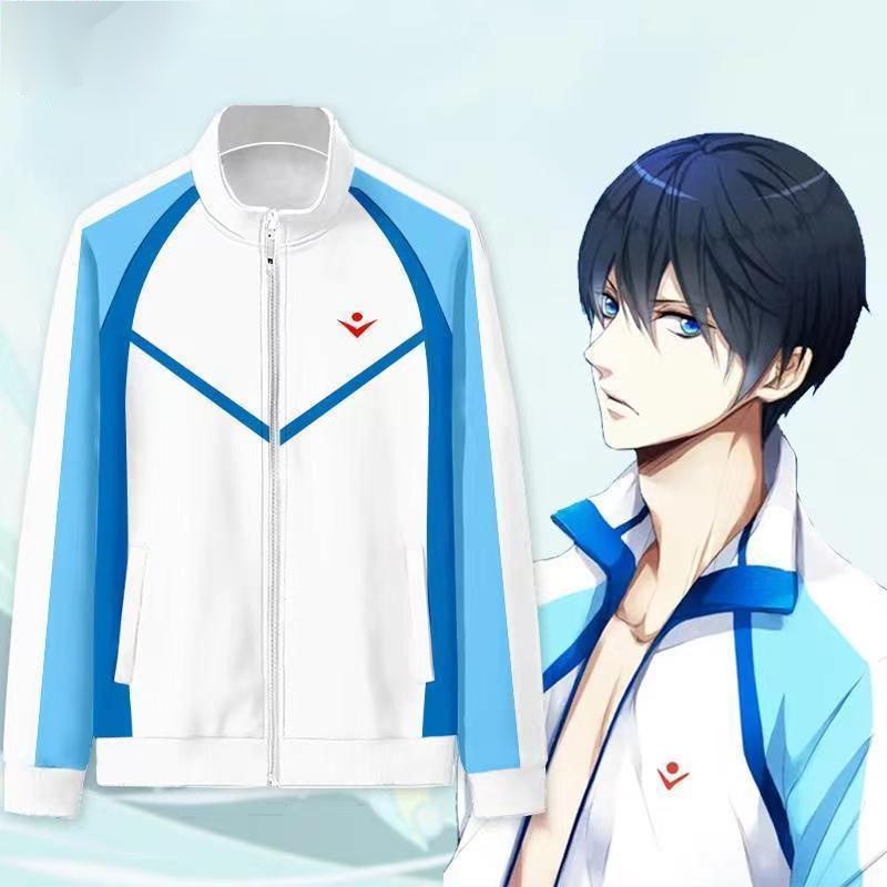 อะนิเมะฟรี! เสื้อแจ็กเก็ตคอสเพลย์ Iwatobi Swim Club Haruka Nanase สไตล์สปอร์ต สําหรับผู้ชาย และผู้หญิง