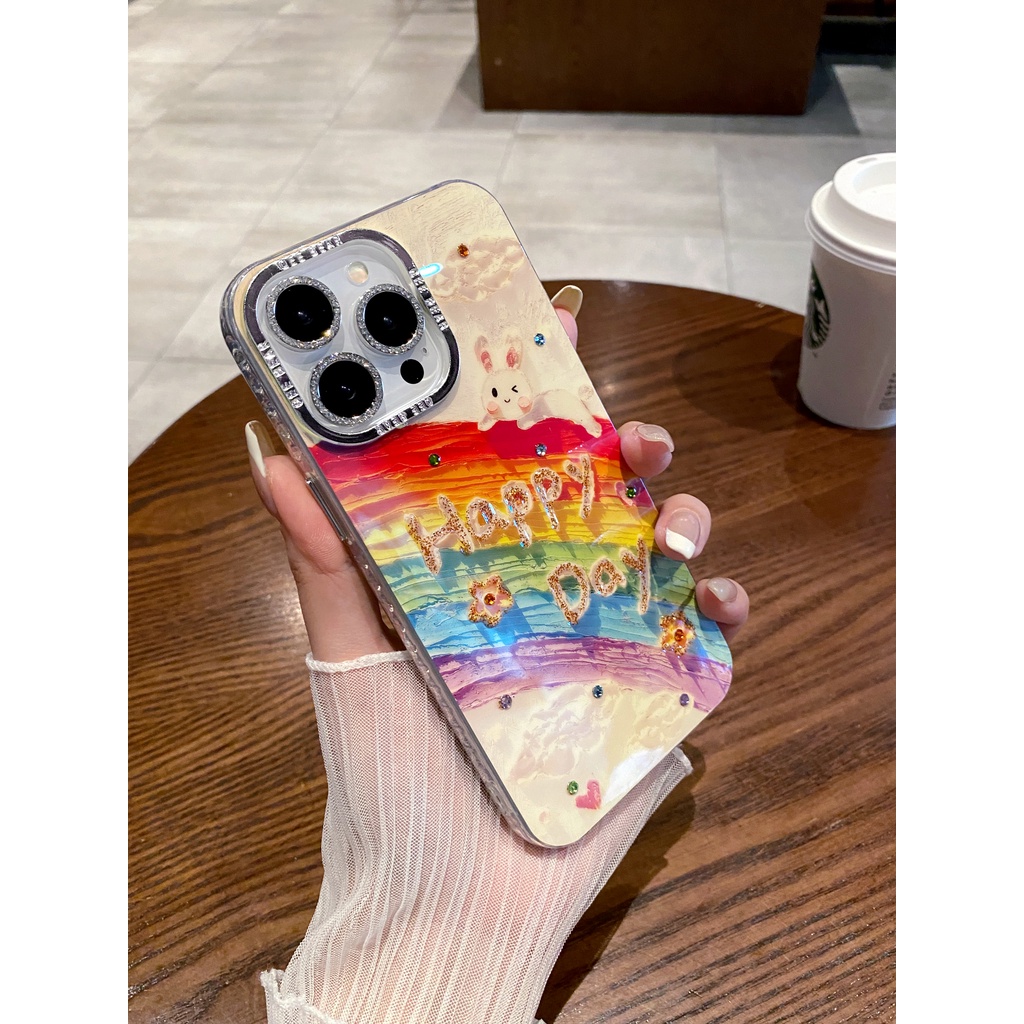 Rainbow Rabbit Shiny เจาะกล้องป้องกันฟิล์ม TPU สําหรับ Apple IPhone 16 15 14 13 12 11 Pro Max 14Plus 15Plus 16Plus เคสกันกระแทก
