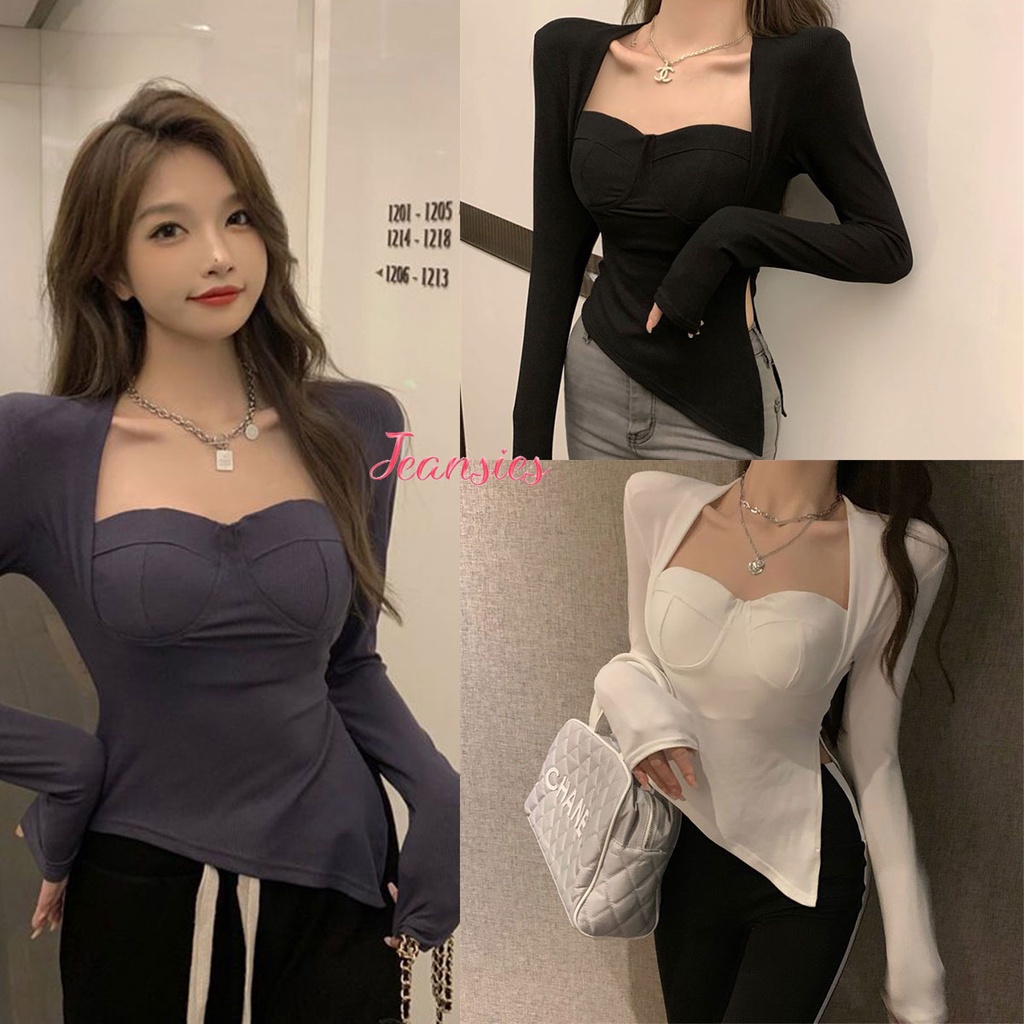 เสื้อครอปเเขนยาวทรงสลิมผู้หญิงคอกว้างสไตล์เกาหลี