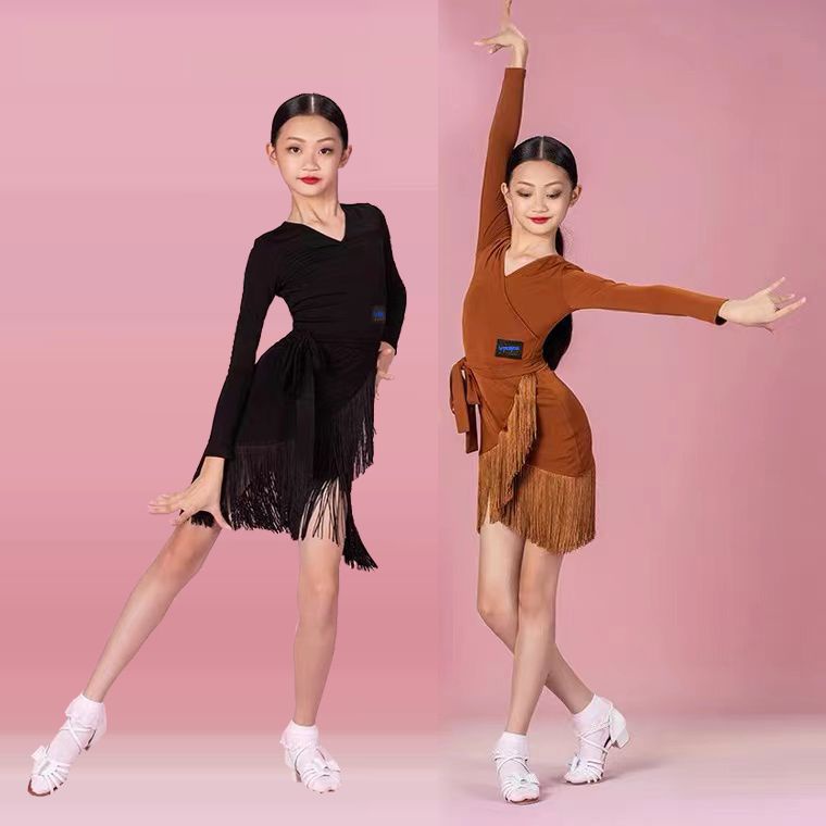 [WDF] ชุดเต้นรําละตินสําหรับเด็ก, ชุดเต้นรําแขนยาว, ชุดฝึกเต้นมาตรฐานแห่งชาติของเด็กผู้หญิง, กระโปรงฝอยสไตล์ใหม่