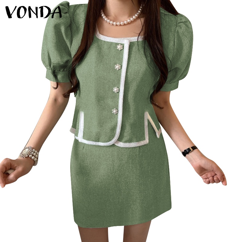 Vonda ชุดเสื้อแขนสั้น คอสี่เหลี่ยม กระโปรงครึ่ง สไตล์เกาหลี สําหรับผู้หญิง