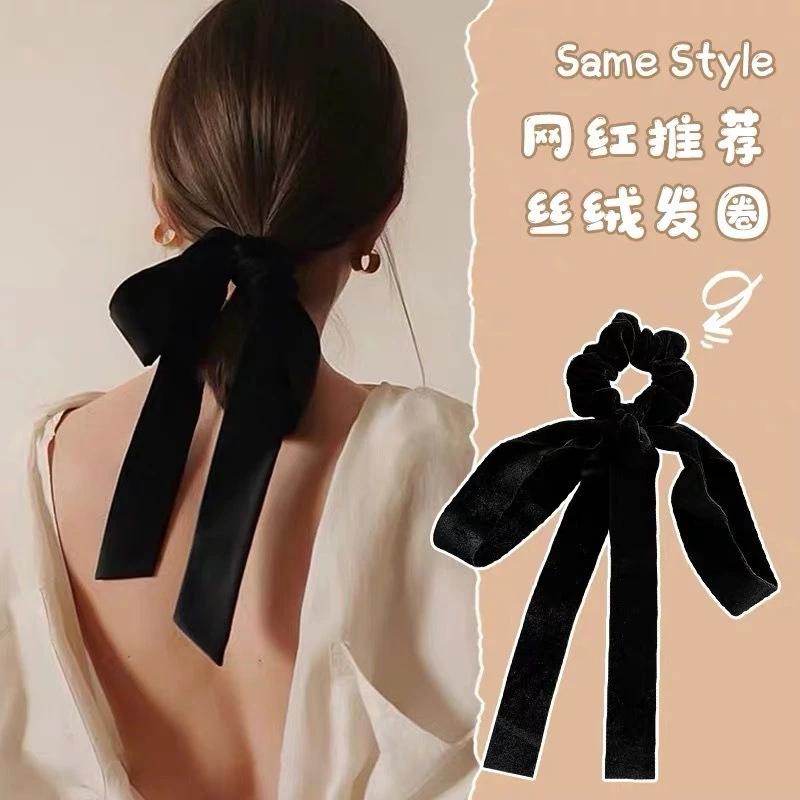 ยางรัดผม ผ้ากํามะหยี่ แบบยืดหยุ่นสูง ประดับโบว์ แฟชั่นสําหรับผู้หญิง