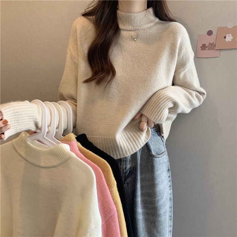 [พร้อมส่ง] เสื้อกันหนาวแขนยาว คอเต่า ผ้าถัก ขนาดเล็ก สีพื้น สไตล์เกาหลี สําหรับผู้หญิง