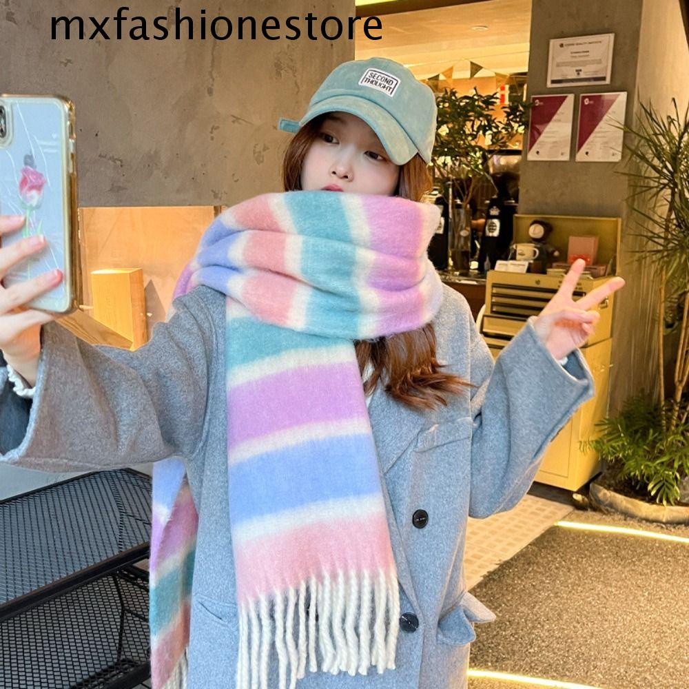 Mxfashione ผ้าพันคอ ผ้าคลุมไหล่ ผ้าแคชเมียร์ ลายทาง สีรุ้ง คลาสสิก พู่ยาว สไตล์เกาหลี แฟชั่นฤดูใบไม้ร่วง ฤดูหนาว