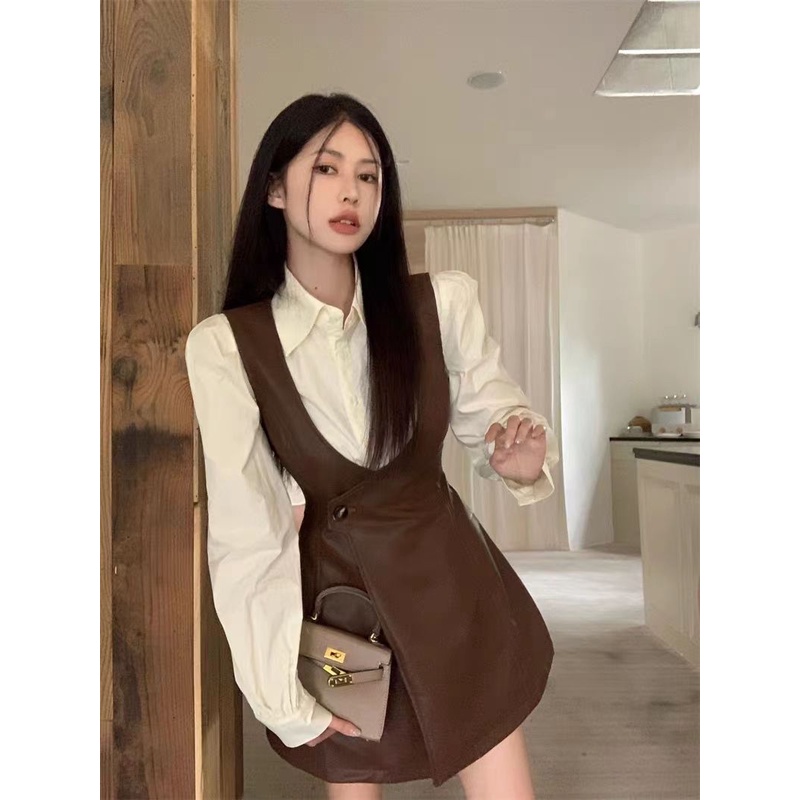 ใหม่ ฤดูใบไม้ร่วง เสื้อผ้าผู้หญิง สูท คอปกโปโล แขนยาว หนัง Pu ทรงเอ เสื้อกั๊ก ชุดสองชิ้น แฟชั่น