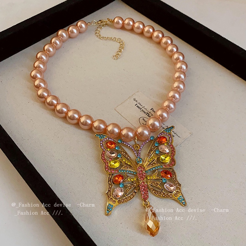 เครื่องประดับ สร้อยคอโซ่ จี้ผีเสื้อ ประดับไข่มุกคริสตัล หรูหรา สไตล์ฝรั่งเศส