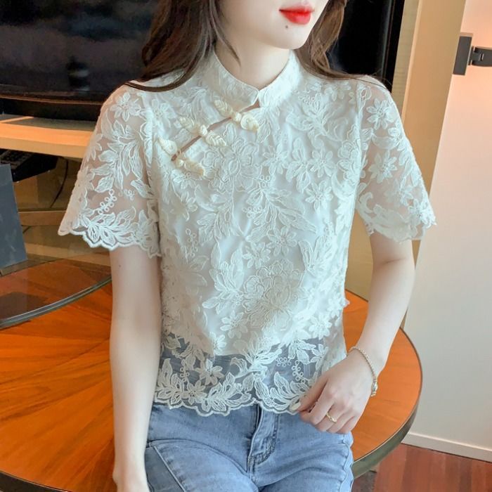 เสื้อเชิ้ตกี่เพ้า แขนสั้น แต่งกระดุม ปักลายลูกไม้ ขนาดเล็ก ระดับไฮเอนด์ แฟชั่นฤดูร้อน สไตล์เรโทร สําหรับผู้หญิง