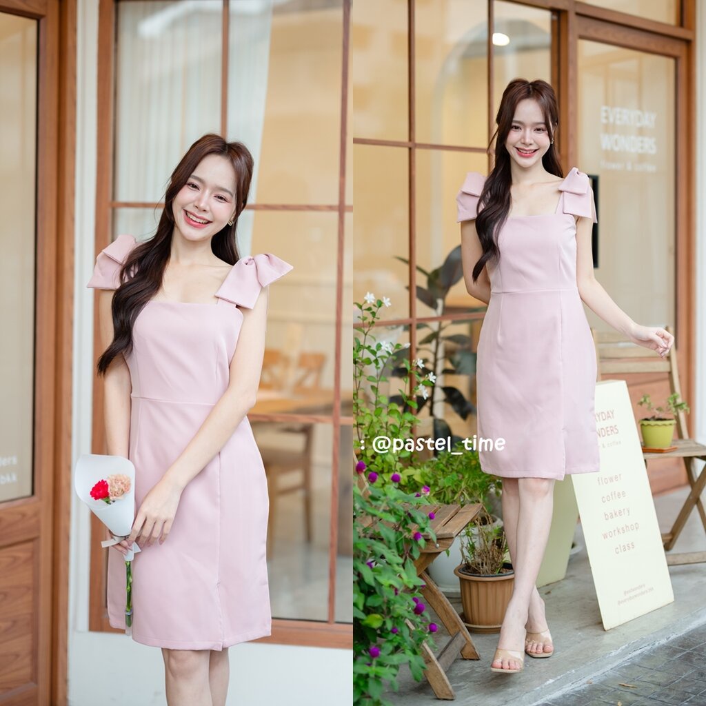 Maggie Double Bow Dress : สีชมพู [Made by Pastel Time]