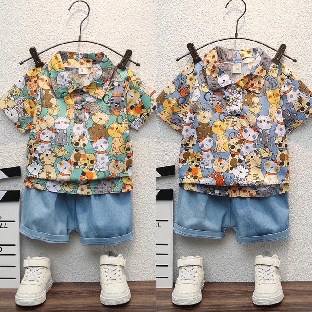 B010 ชุดเซ็ตเชิ้ตแขนสั้นคอปกลายน้องแมว กางเกงผ้าสียีน (ขนาด 80-110)