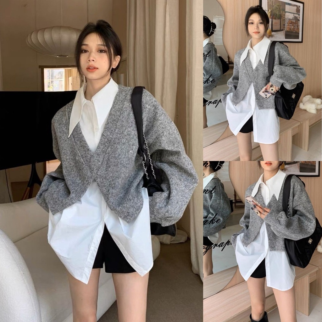 ชุดเสื้อเชิ้ต สีขาว สีเทา แฟชั่นเกาหลี สําหรับผู้หญิง