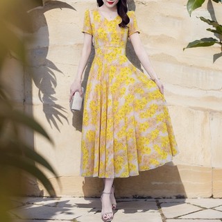 6094-NANA Midi dress korea jumbo big size dress warna kuning chiffon dress batik kondangan dress floral korea V-neck