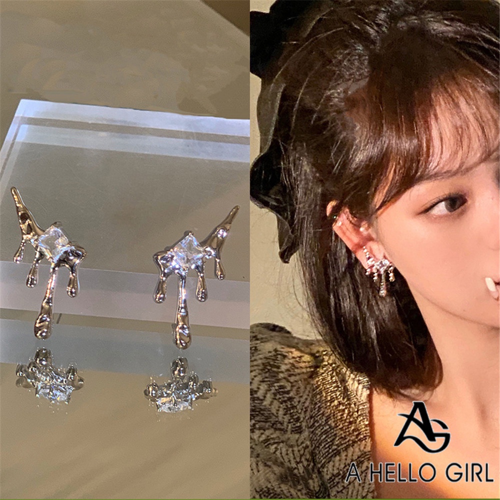 A HELLO GIRL ต่างหูเงิน 925 จี้รูปหยดน้ํา ประดับเพทาย เครื่องประดับสตรี