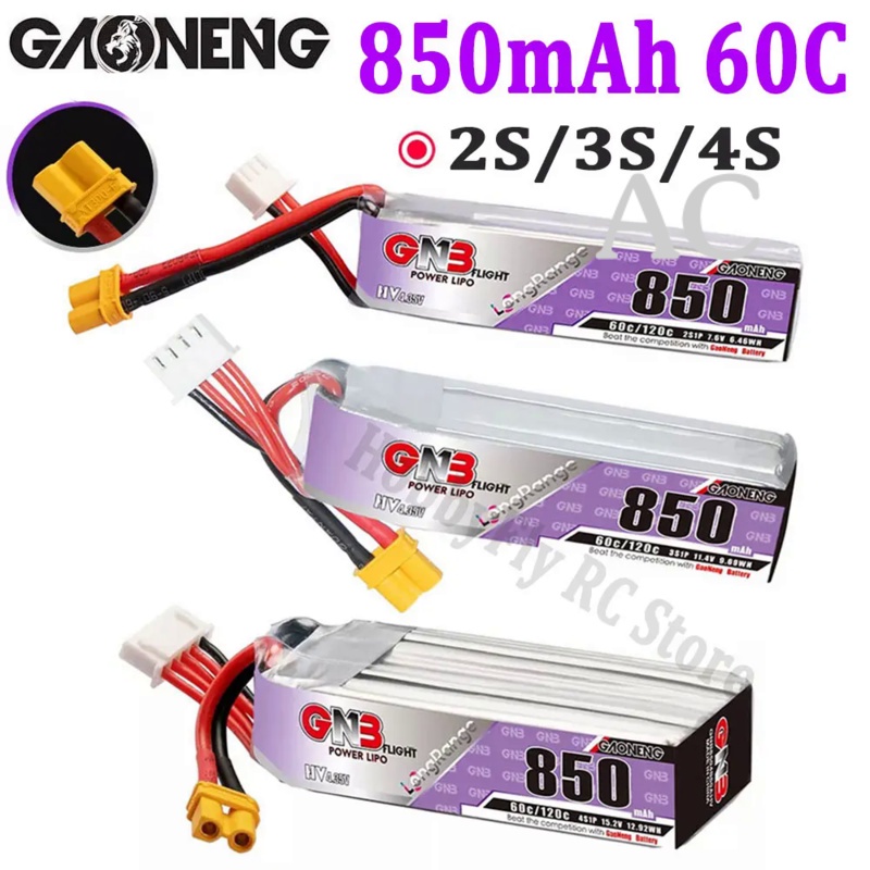 AC Gaoneng GNB 850mAh 2S 7.6V 3S 11.4V 4S 15.2V 60C Lipo Battery With XT30U-F Plug LONG TYPE for RC 