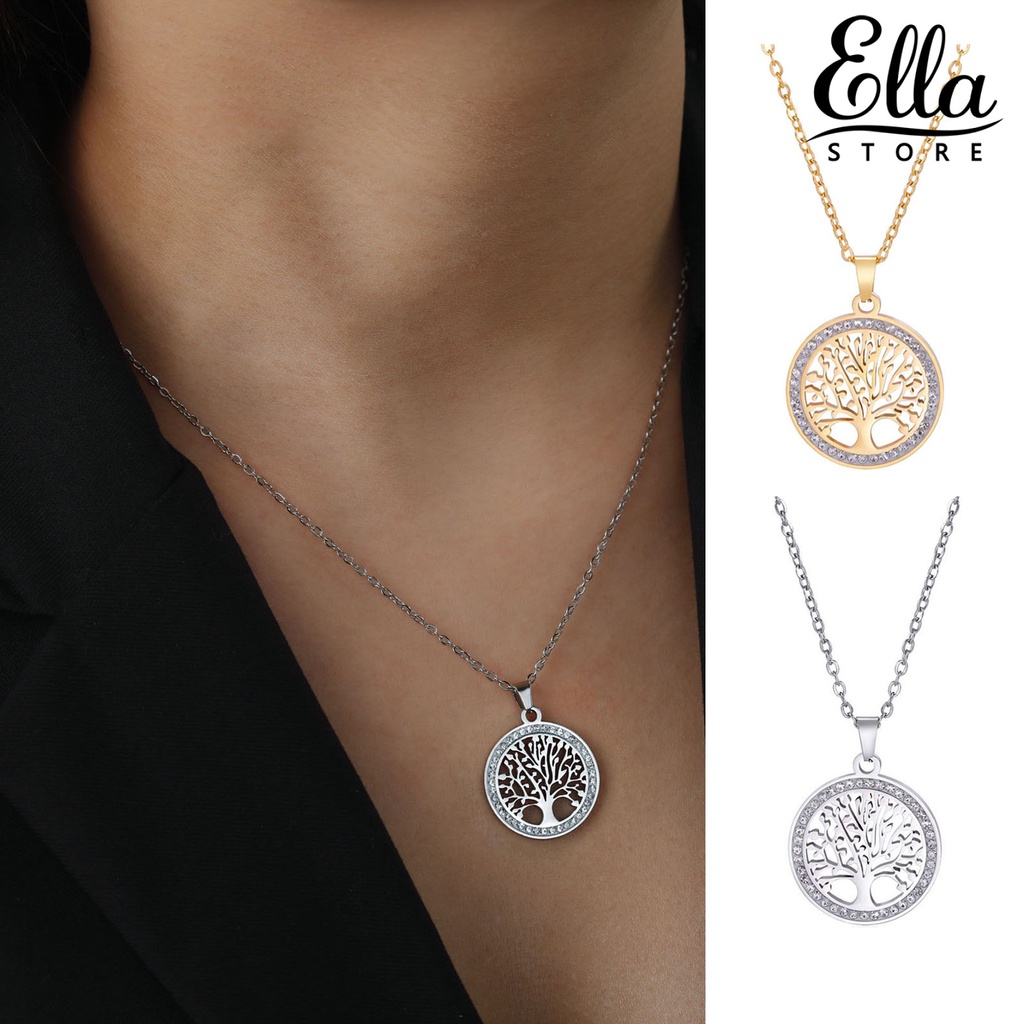 Ellastore123 สร้อยคอ จี้รูปต้นไม้ ประดับพลอยเทียม ทรงกลม ปรับความยาวได้ สําหรับผู้หญิง
