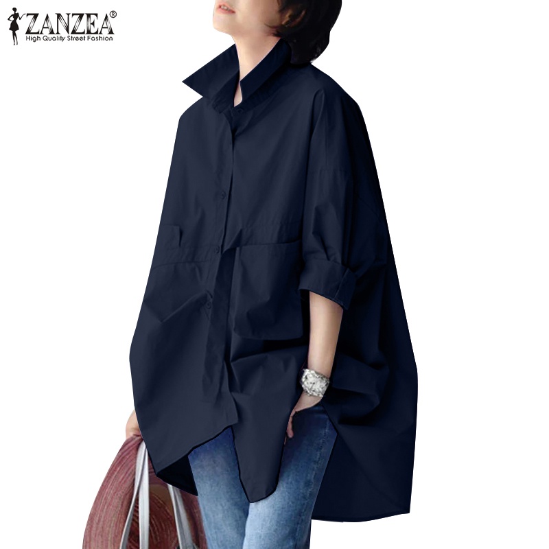 Zanzea เสื้อเชิ้ตแขน 3/4 ลําลอง ทรงหลวม สีพื้น สําหรับผู้หญิง