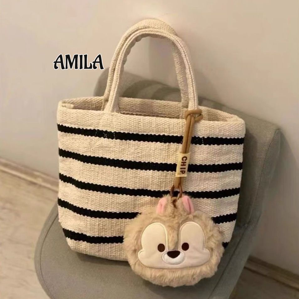 Amila กระเป๋าถือ ผ้าฝ้ายทอมือ ลายทาง ขนาดเล็ก พร้อมจี้ สําหรับผู้หญิง