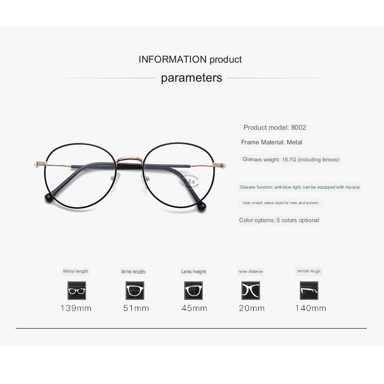 【ZM Glasses】แว่นตากรอบกลม ป้องกันแสงสีฟ้า แว่นตากรอบโลหะ แว่นตาสายตาสั้น สไตล์เกาหลี สไตล์นักเรียน แว่นตาแฟชั่น 103