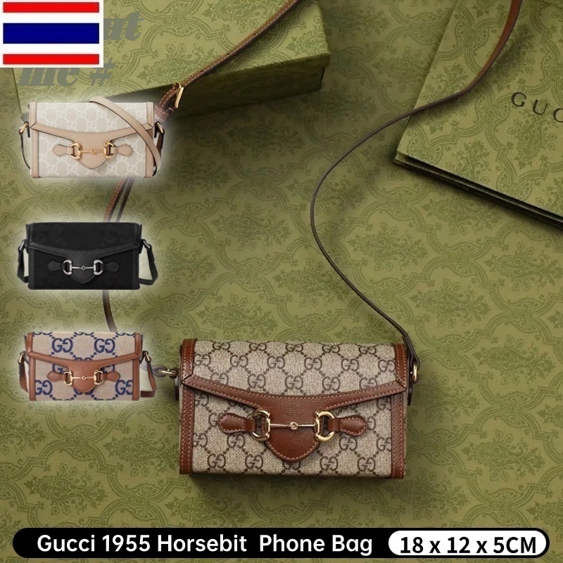 2023 New 👜 กุชชี่ Gucci 1955 Horsebit Canvas Leather Phone Bag กระเป๋าสะพายข้าง Unisex WUCZ