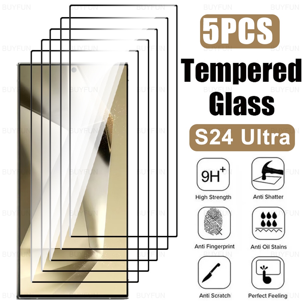 กระจกนิรภัยกันรอยหน้าจอ แบบปลดล็อก ลายนิ้วมือ สําหรับ Samsung Galaxy S24 Ultra S 24 Plus S24+ S24Ultra 5G 2024 5 ชิ้น