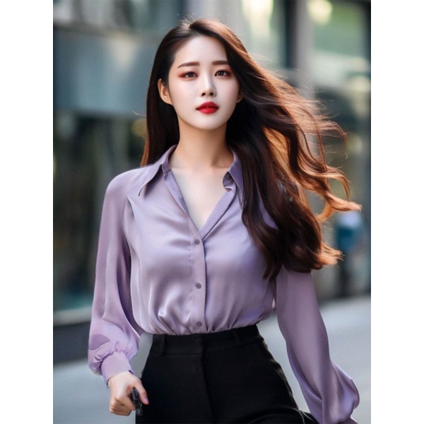 Iceyyijingsa ผู้หญิง ผ้าซาติน กระดุมลง เสื้อเบลาส์ แขนยาว ผ้าไหม ทํางาน เสื้อเชิ้ต เผือก นุ่ม สีม่วง เสื้อ