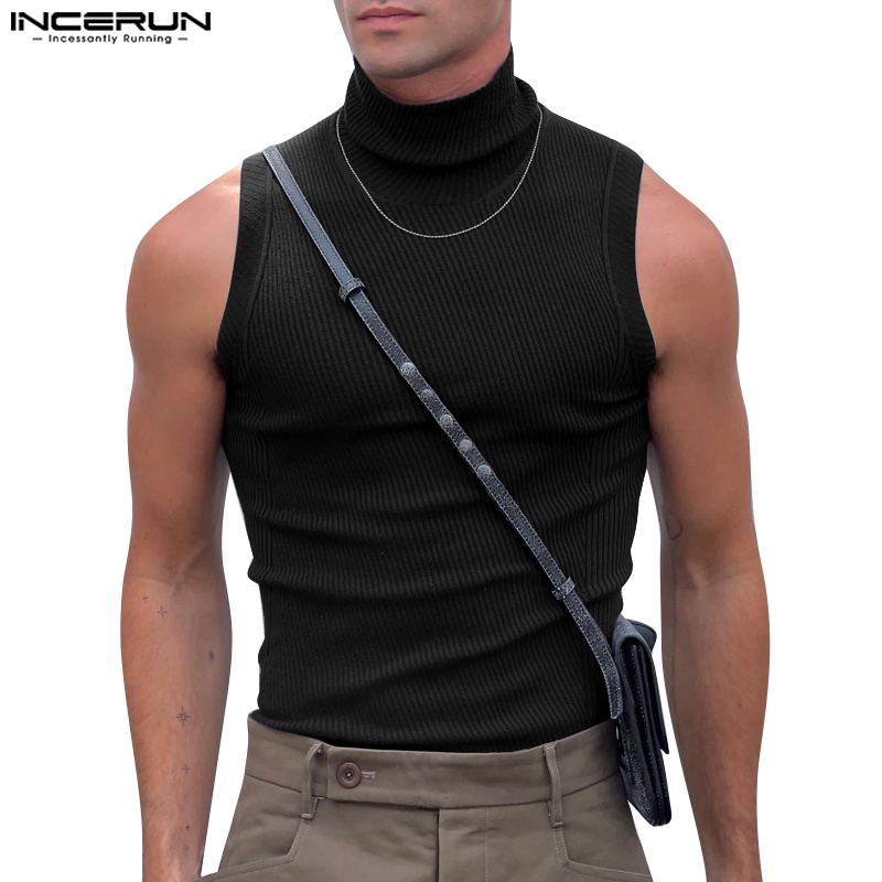 Incerun เสื้อกล้าม คอสูง ครึ่งหนึ่ง สีพื้น สไตล์วินเทจ แฟชั่นสําหรับผู้ชาย
