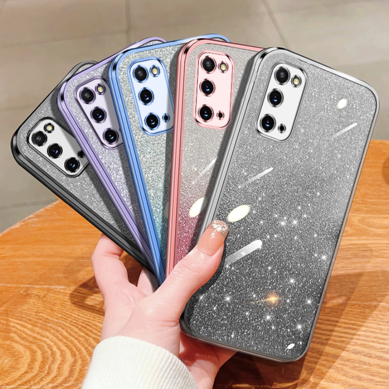 เคส Samsung S20 S21 Plus Ultra S20FE S21FE เคสหรูหรา ไล่ระดับสี แฟลชผง ชุบไฟฟ้า ขอบตรง สไตล์ใหม่ TPU เต็มเลนส์ เคสนิ่ม